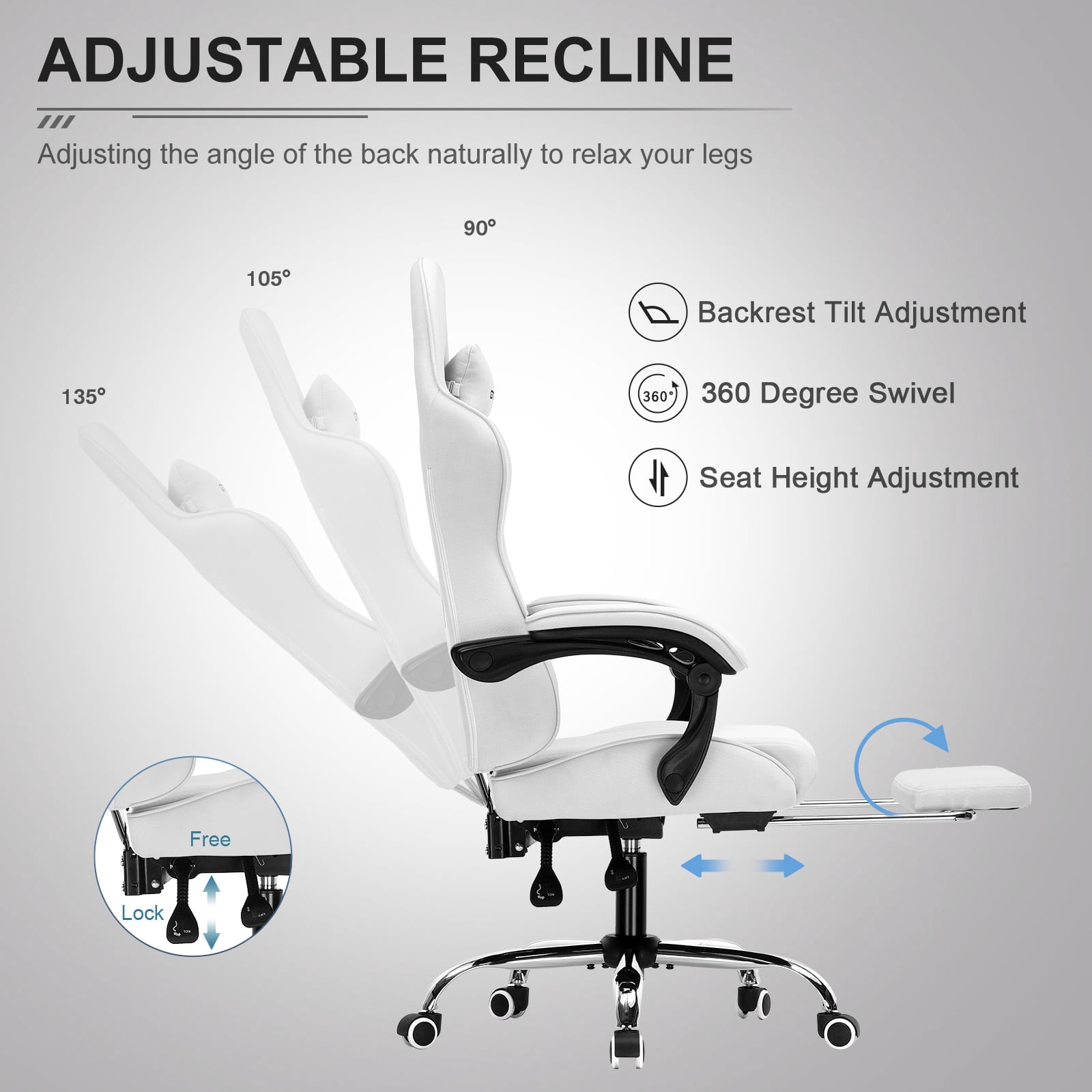 GTPLAYER Fabric Gaming Office Chair with Footrest and Ergonomic Lumbar Massage Pillow, Light Gray