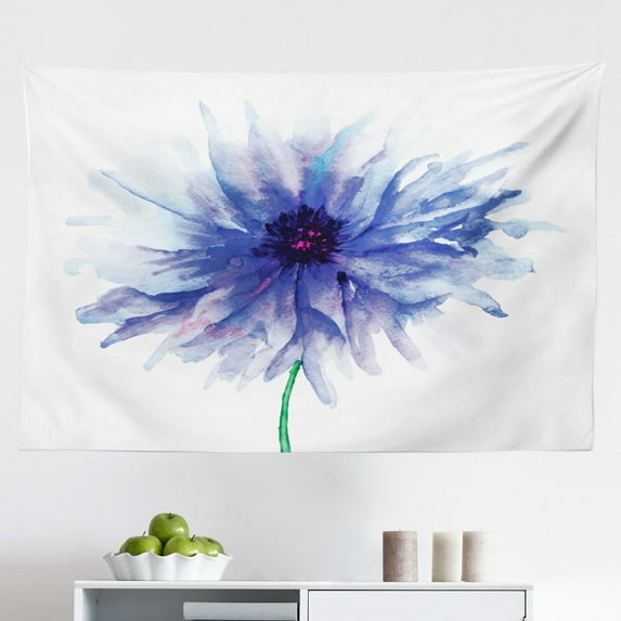 Watercolor Flower Tapestry, Cornflower Summer Botanic Floral Blooming Plants Print, Fabric Wall Hanging Decor for Bedroom Living Room Dorm, 2 Sizes, Navy Blue White Green, by Ambesonne