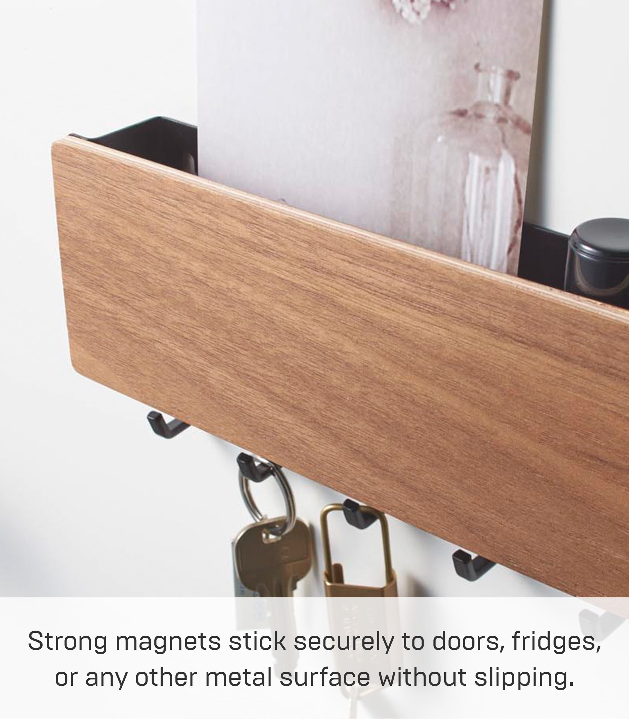 Yamazaki Home Magnetic Key Rack, Walnut, Steel + Wood, Supports 2 pounds, Magnetic