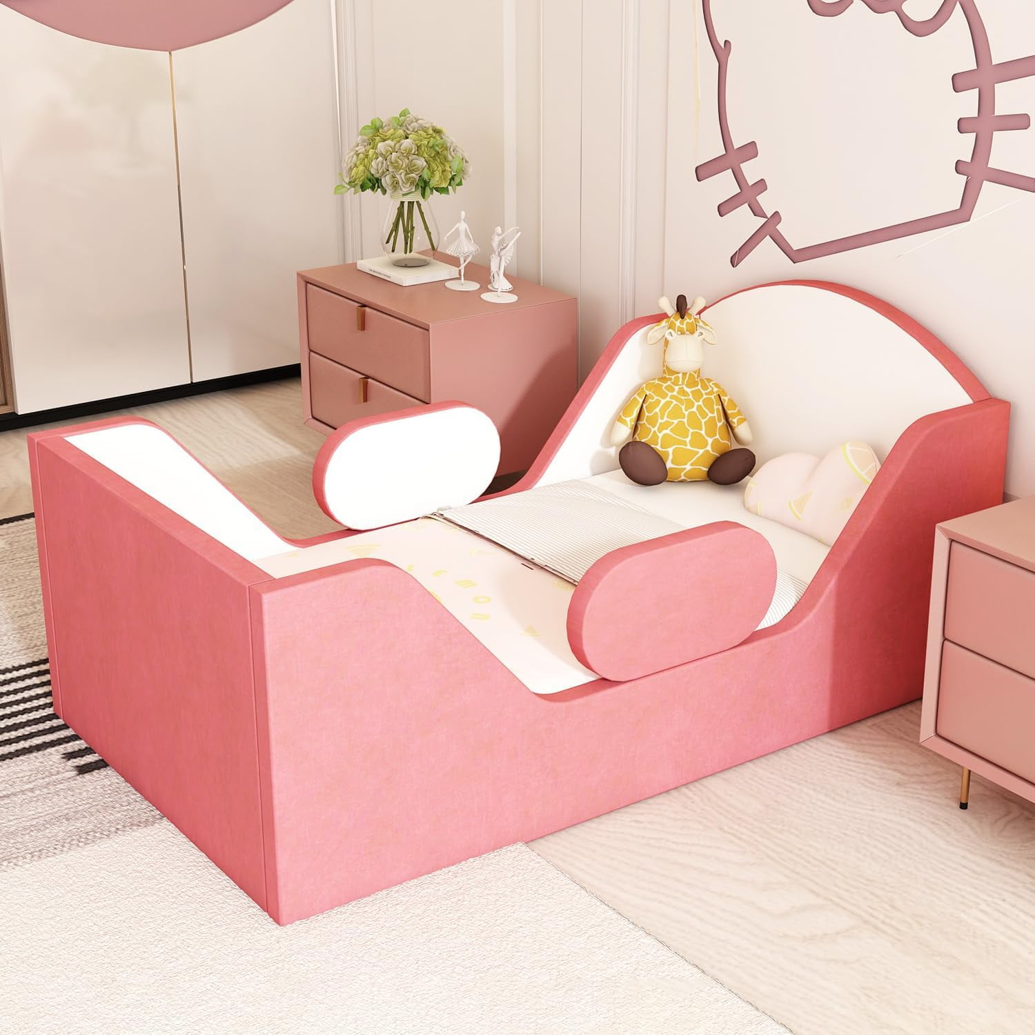 Weeonekids Toddler Bed Round, Toddler Bed with Rail and Round headboard, Standard Crib Size Toddler Upholstered Bed for Children 18 Months to 6 Years,Toddler Floor Bed (No Mattress)