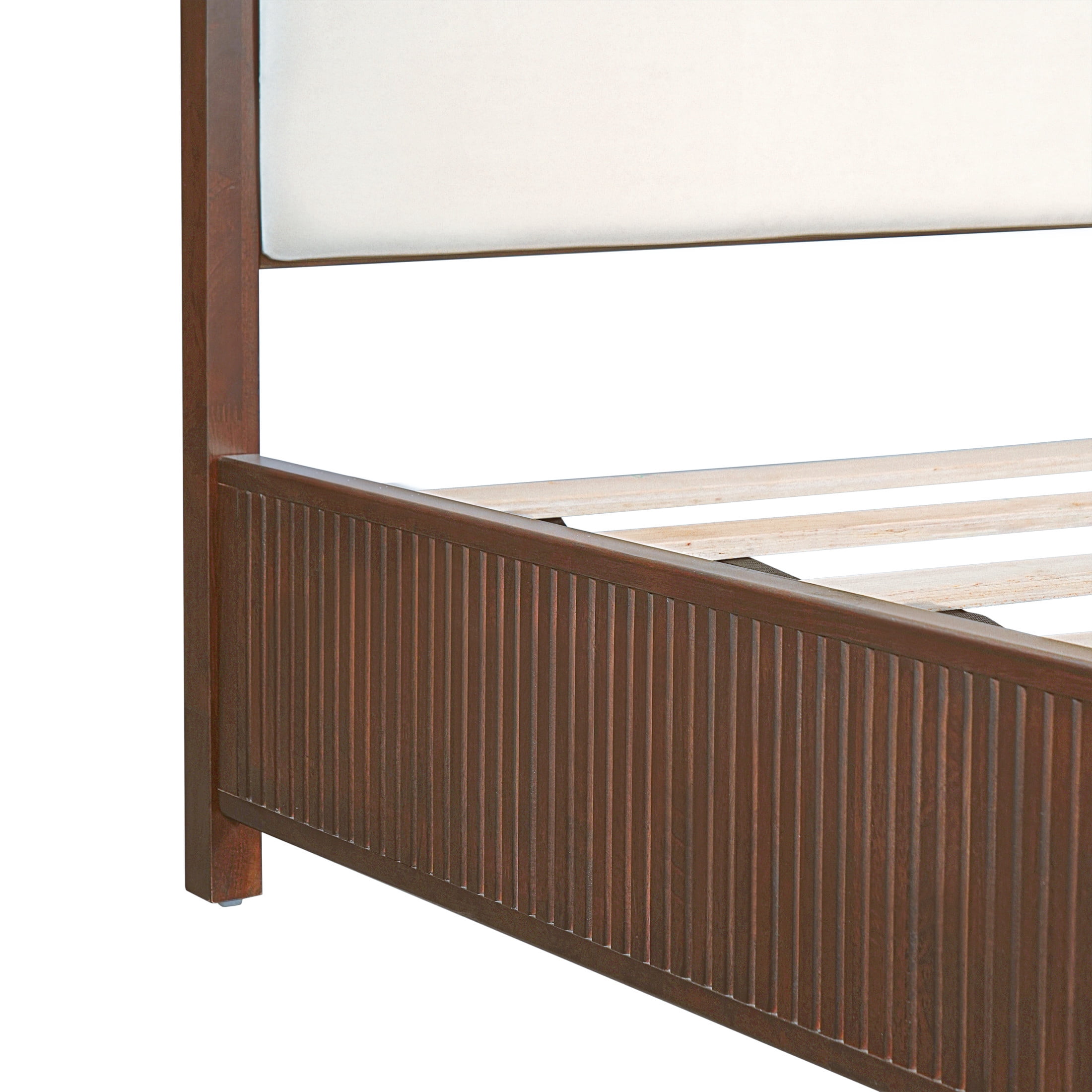 Christopher Knight Home Modern Platform Bed Frame with White Fabric Headboard, Queen Size, Dark Walnut