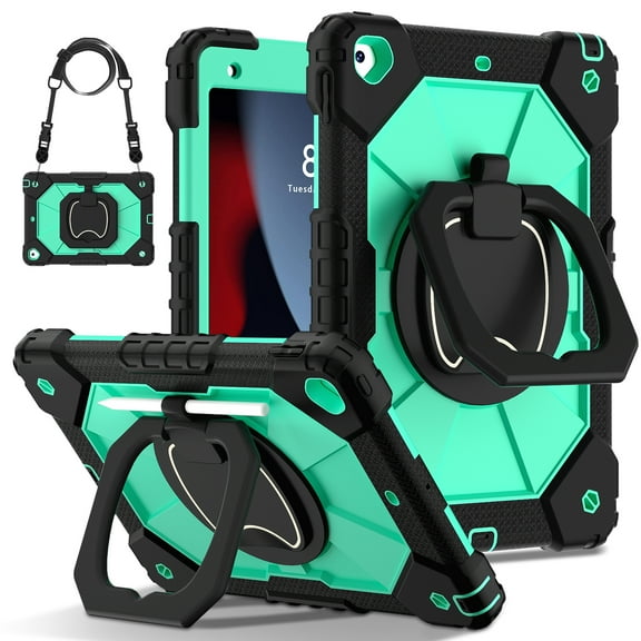 ELEHOLD Heavy Duty Case for iPad 9th 8th 7th Generation 2021/2020/2019, 3-Layer Rugged 360 Rotating Kickstand Handle Grip Shoulder Strap Kids Friendly Shockproof Case for iPad 10.2", Black Mint