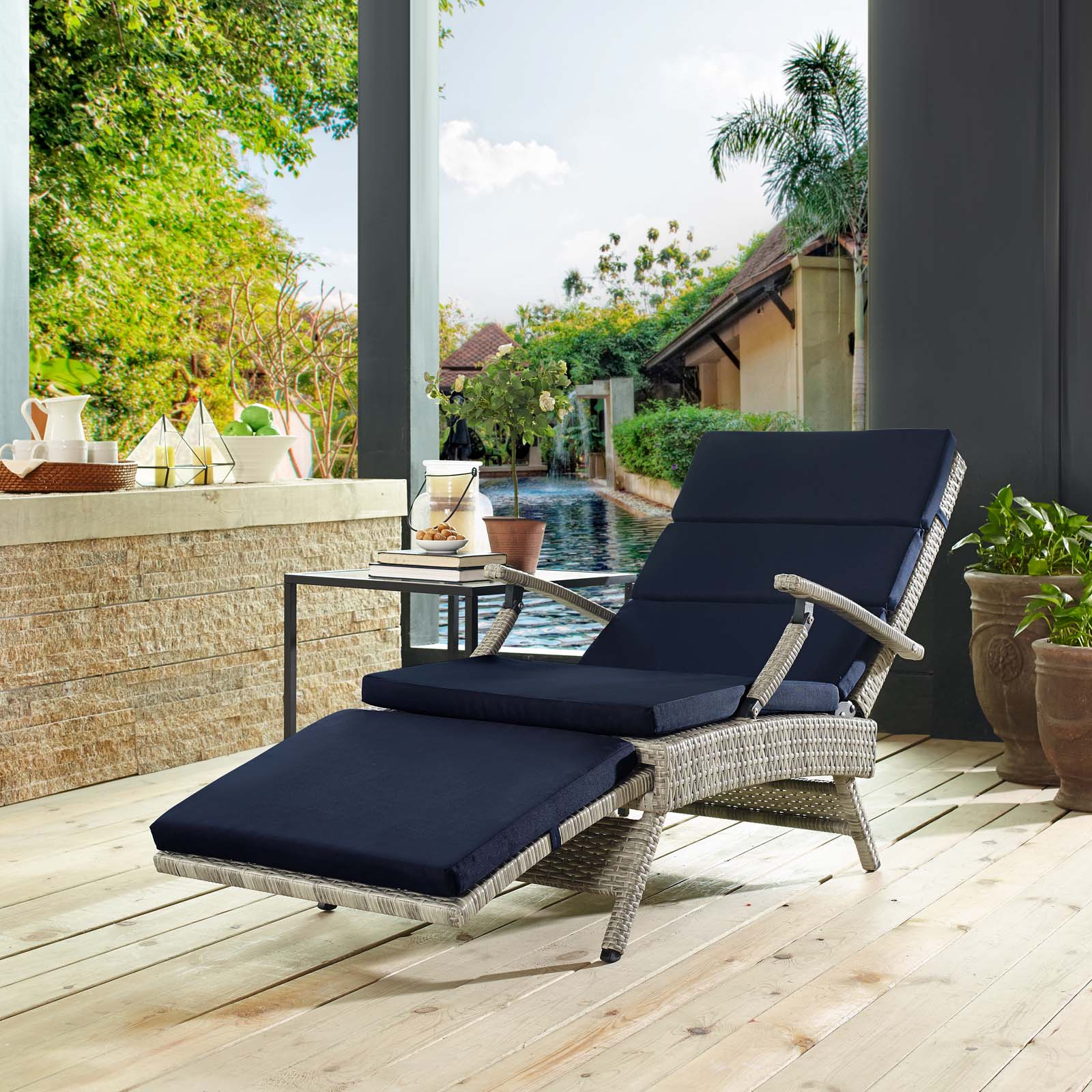 Contemporary Modern Urban Designer Outdoor Patio Balcony Garden Furniture Lounge Chair Chaise, Fabric Rattan Wicker, Navy Blue - image 2 of 9