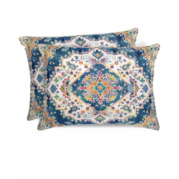 Hokiten King Size Pillow Cases Set of 2, Pillow Covers for Bed, Navy Blue Yellow Satin Pillowcases with Zipper for Hair/Skin, Boho Southwestern Ethnic Mexican Flowers 20x36 Inches