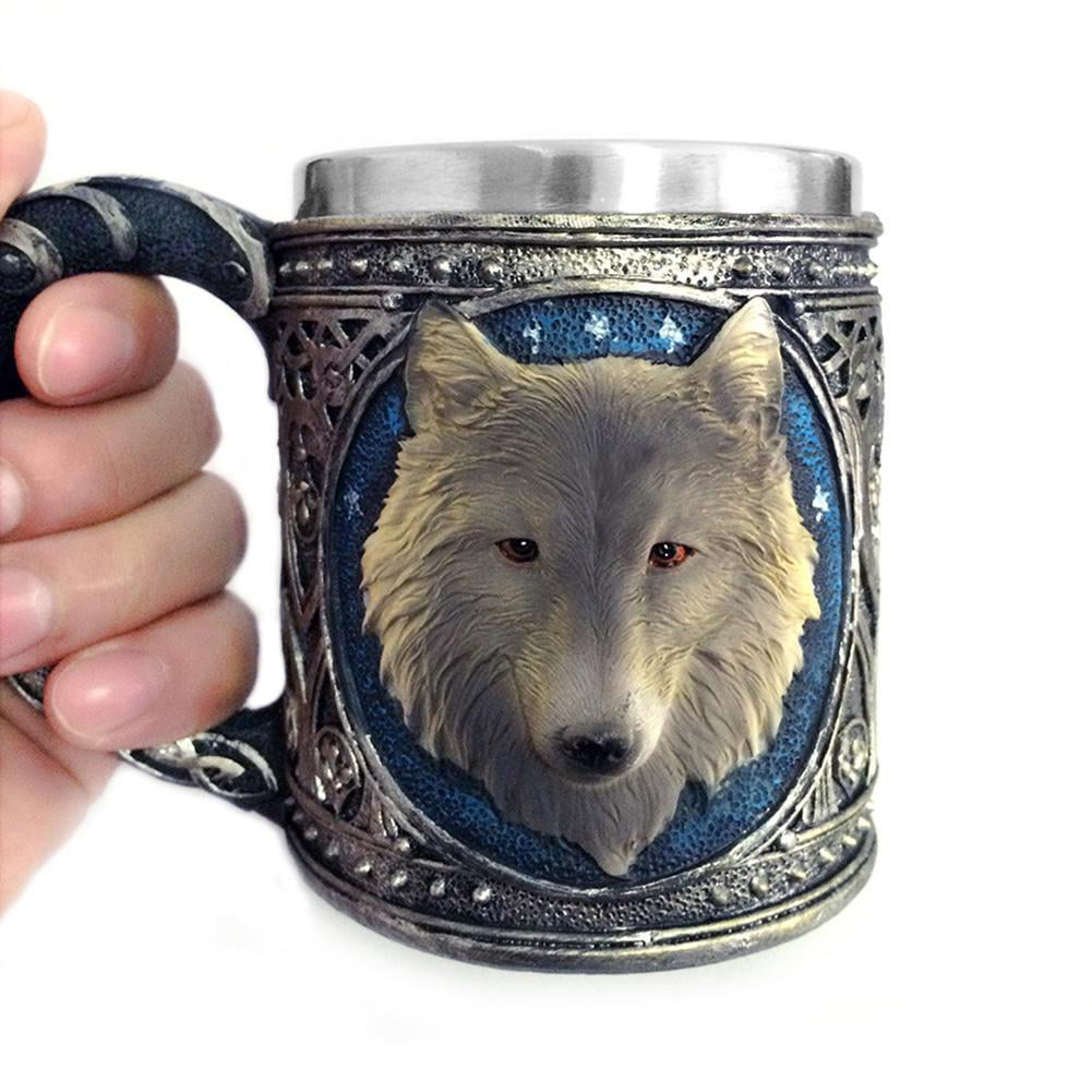 Wolf Head Mug 3D Resin Stainless Steel Water Cup Animal Beer Wine Drinking Mug 
