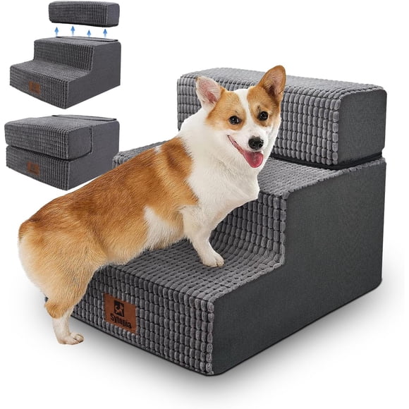 TEMOGU-Pet Stairs Ramp for High Beds and Couch for Dogs to Get on Bed - 3 Steps Foldable Stairs for Small Dogs and Old Cats - Foam&Non-Slip&Washable by , Grey, 3/4/5 Steps