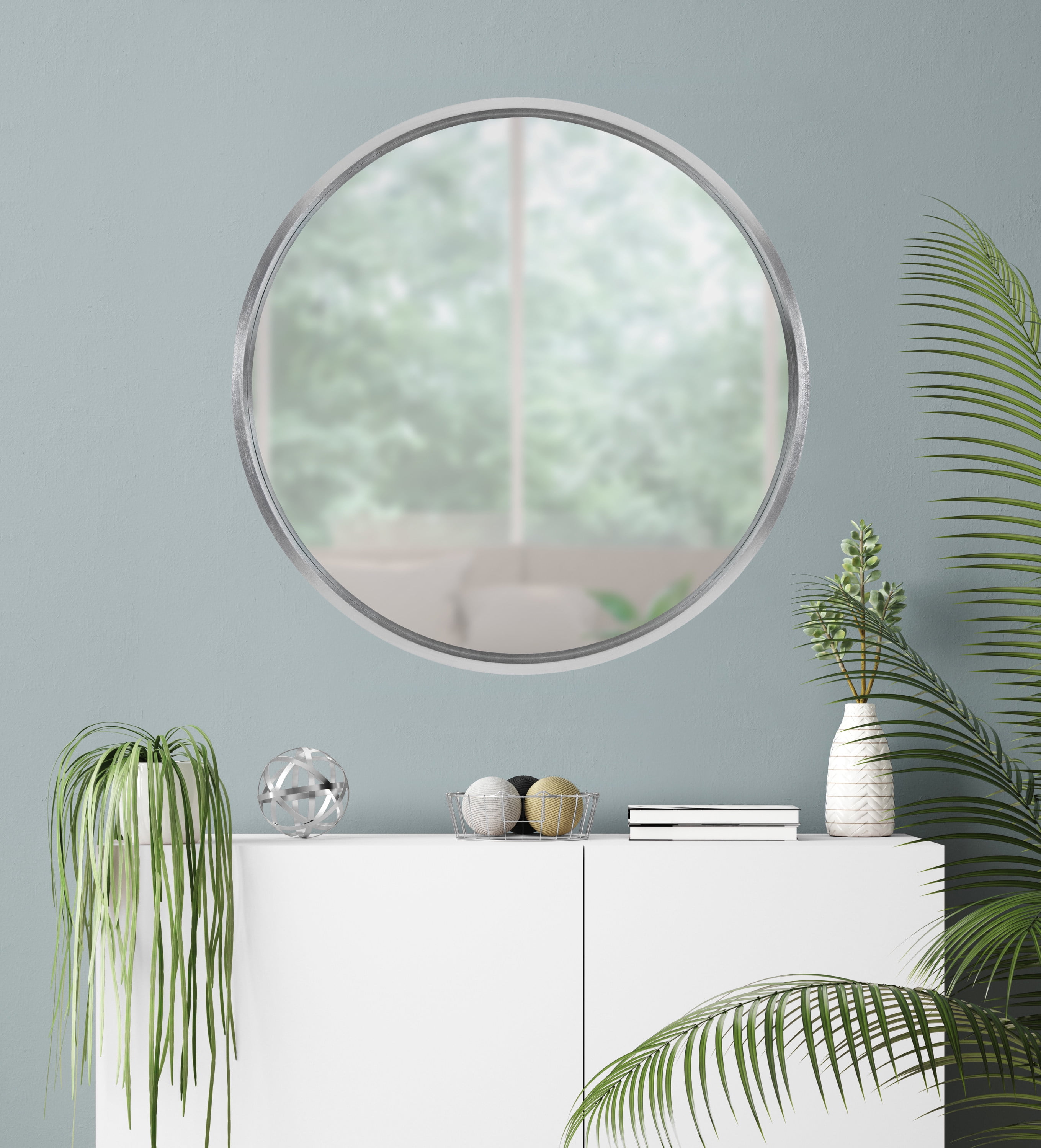 Kate and Laurel Travis Round Wood Wall Mirror, 31.5" Diameter, Silver, Chic Glam Wall Décor Accent