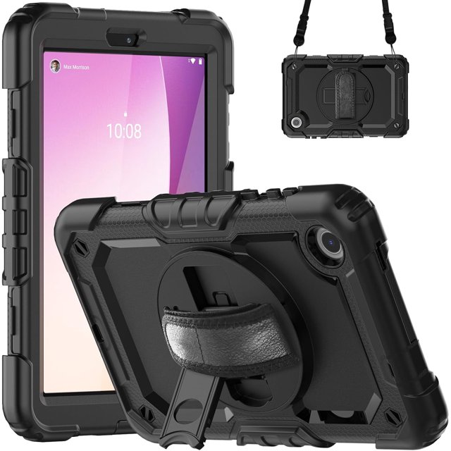 KOMI for Lenovo Tab M8 Case 4th Gen 2023 (TB-300FU) Case, with Screen Protector, Hand Strap, Shoulder Strap, Rotating Stand for Lenovo M8 8.0 Inch 2023 Release Black