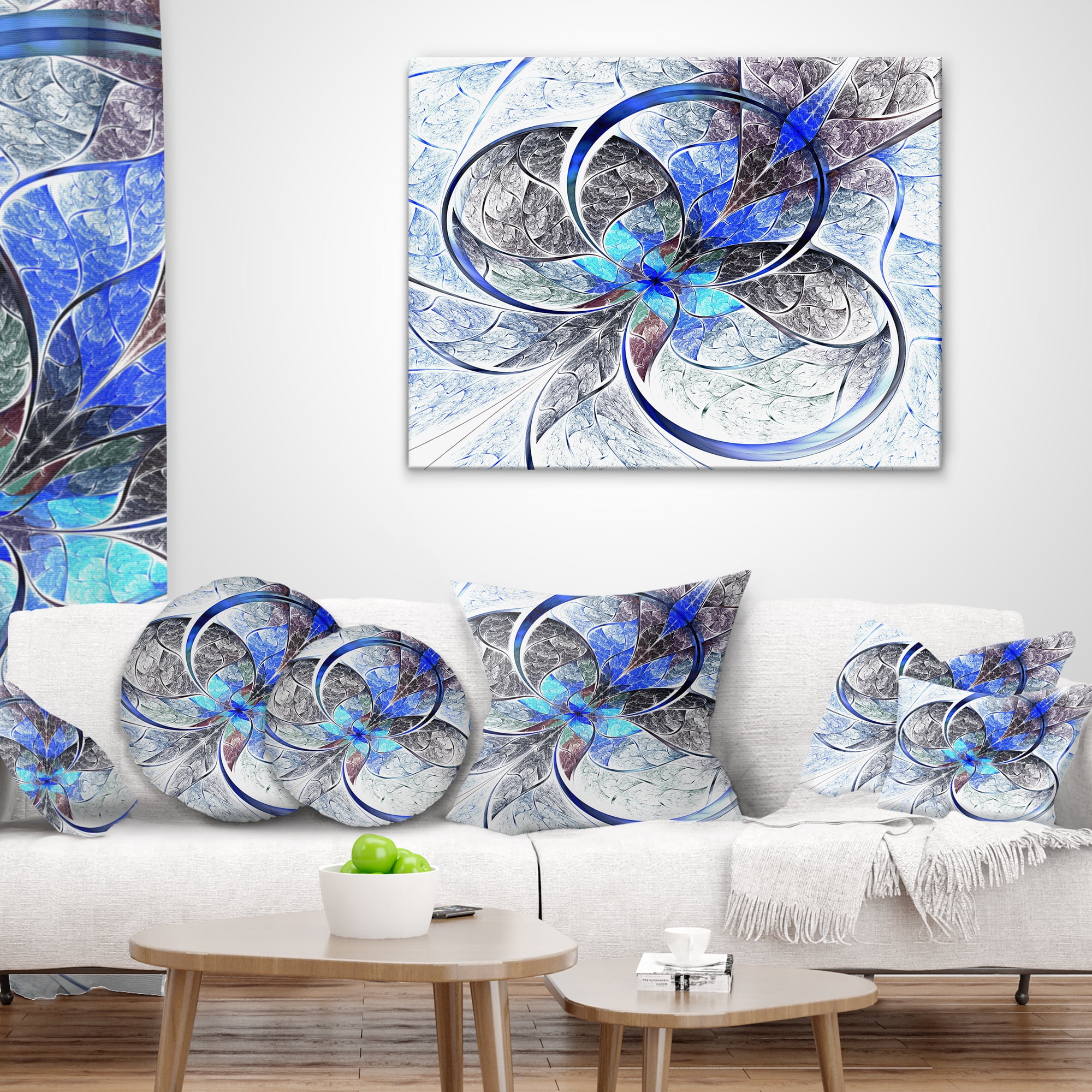Designart Symmetrical Blue Fractal Flower - Abstract Throw Pillow - 16x16