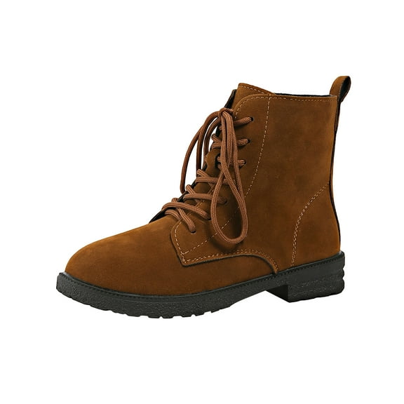 KEGIRLOM Women's Fashionable Casual Winter Versatile Short Boots Solid Color Round Toe Front Lace-Up Thick Heel Low Heel Ankle Boots Brown 7