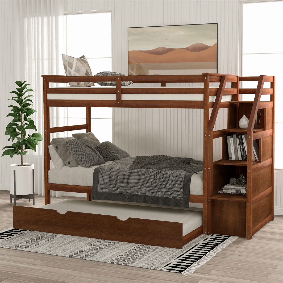 ARCTICSCORPION Twin Over Twin Bunk Bed with Trundle,Solid Wood Bunk Bed