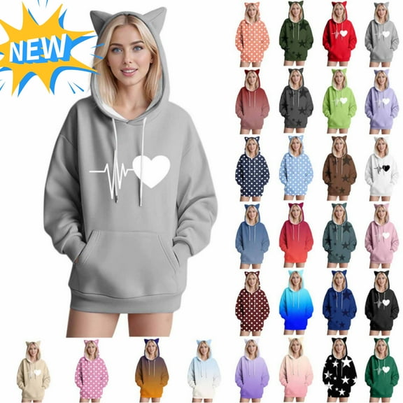 Vibrex Lightweight Hoodies for Women's Cat Ears Hoodie - Printed Pullover Sweatshirt,Loose Fit Long Sleeve Casual Hooded Top with Drawstring,22 Styles 2025 Fashion Tops Trendy Fall Winter Clothe