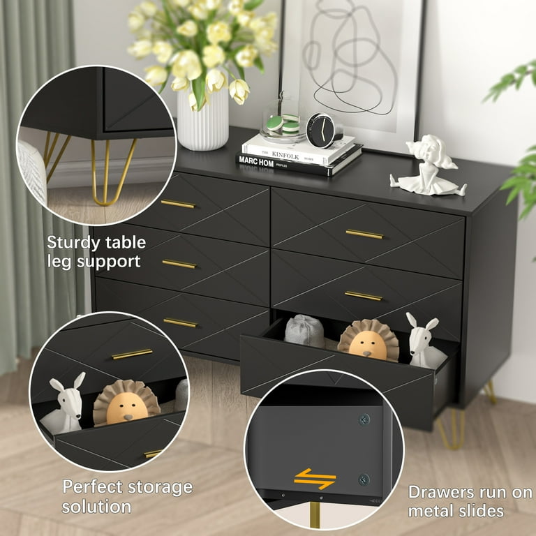FURNIWAY Black Dresser, Modern 6-Drawer Chest with Gold Handles, 29.5 x  47.2 x 15.7 Inches