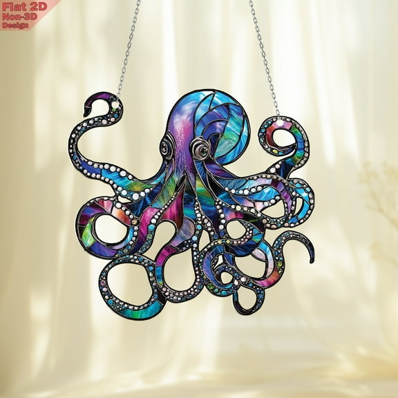 Colorful Octopus Acrylic Window Hanging – 2D Stained Glass Style Sun Catcher – Vibrant Ocean Decor for Home, Beach House, Porch & Car – Unique Gift for Sea Life & Marine Lovers