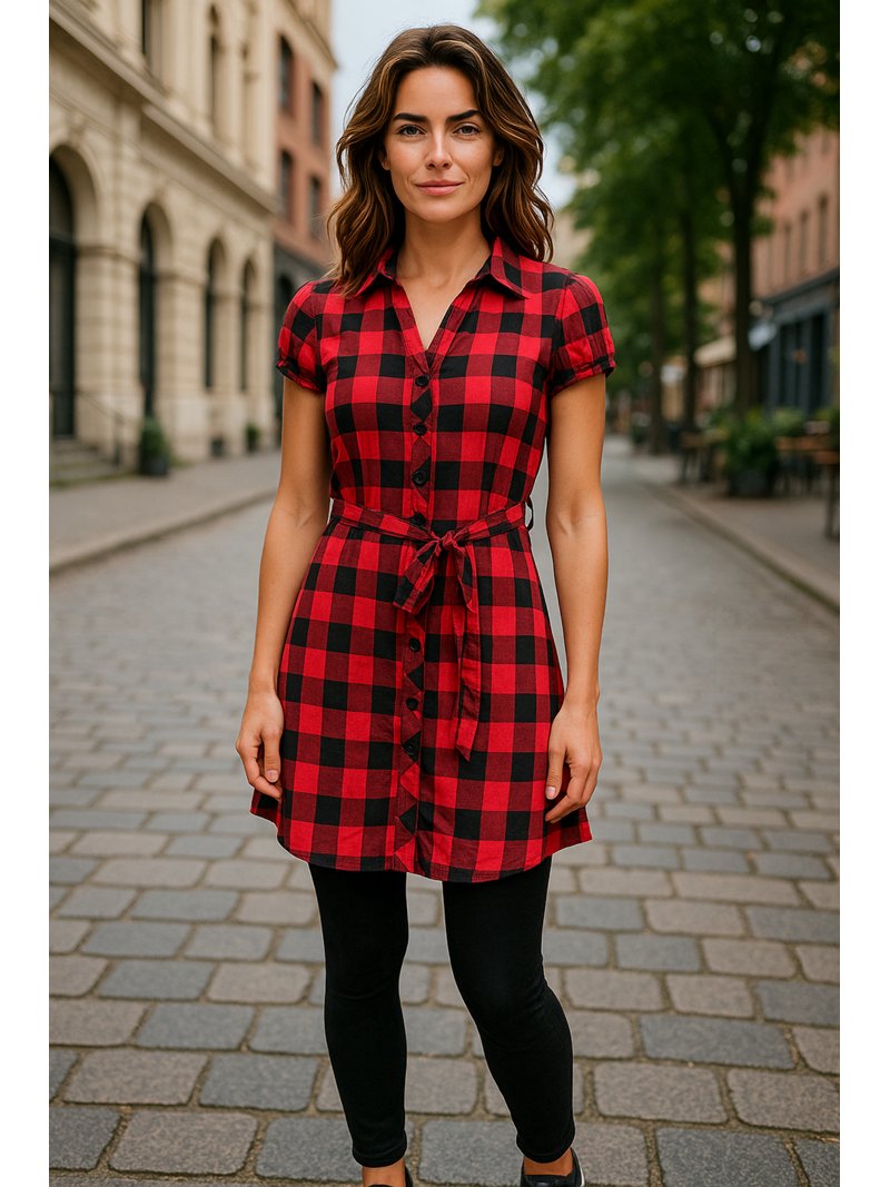 Women Summer Dress Gingham Plaid Short-sleeved Dress and matching belt with button. Women Summer Dress Gingham Plaid Short-sleeved Dress and matching belt with button.