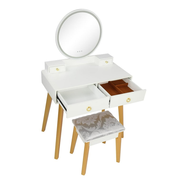 UBesGoo Vanity Set with Touch Screen Mirror 3 Color Lighting Modes Dressing Table with 4 Sliding Drawers Modern Bedroom Makeup Table and Cushioned