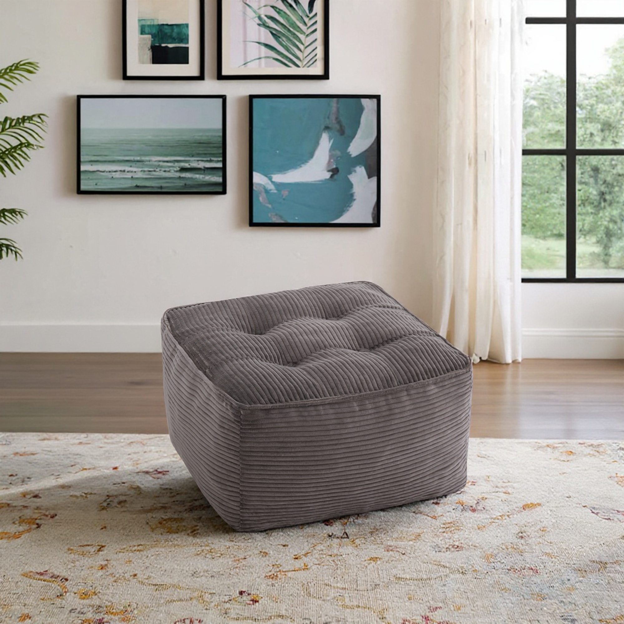 Square Stuffed Pouf Ottoman Foot Rest, Soft Corduroy Pouf Foot Stool Cushion with Foam Chunk Filling, 26 x 26 x 13 Inch Floor Chair for Living Room, Bedroom & Home Decor,Dark Gray