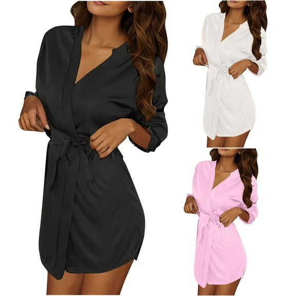 Nfurl Women's 3 Pack Stain Short Robes Thin Comfy Solid Color Lace Trim 3/4 Sleeve Kimono Style Bathrobes Bride Pajama Soft Sleepwear Pink Free Size