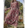 thumbnail image 3 of Robe à Manches 3/4 à Imprimé Floral, Élégante, Col Ras du Cou, Taille Haute, Froncée, Robe Maxi, Vêtements pour Femmes, 3 of 7