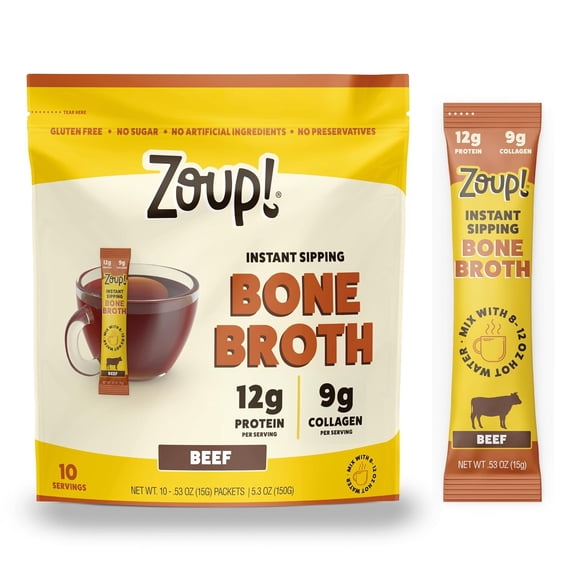Zoup! Instant Sipping Bone Broth Mix - 12 Grams of Protein - Non-GMO - Bone Broth Protein Powder Packets To Go - Beef, .53 oz. (Pack of 10) 