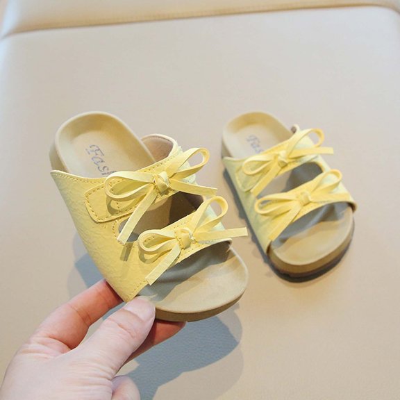 Viluyesy Girls Slide Sandals Double Bow Open Toe Soft Footbed Non-Slip Summer Casual Beach Shoes Yellow Size 8 Toddler