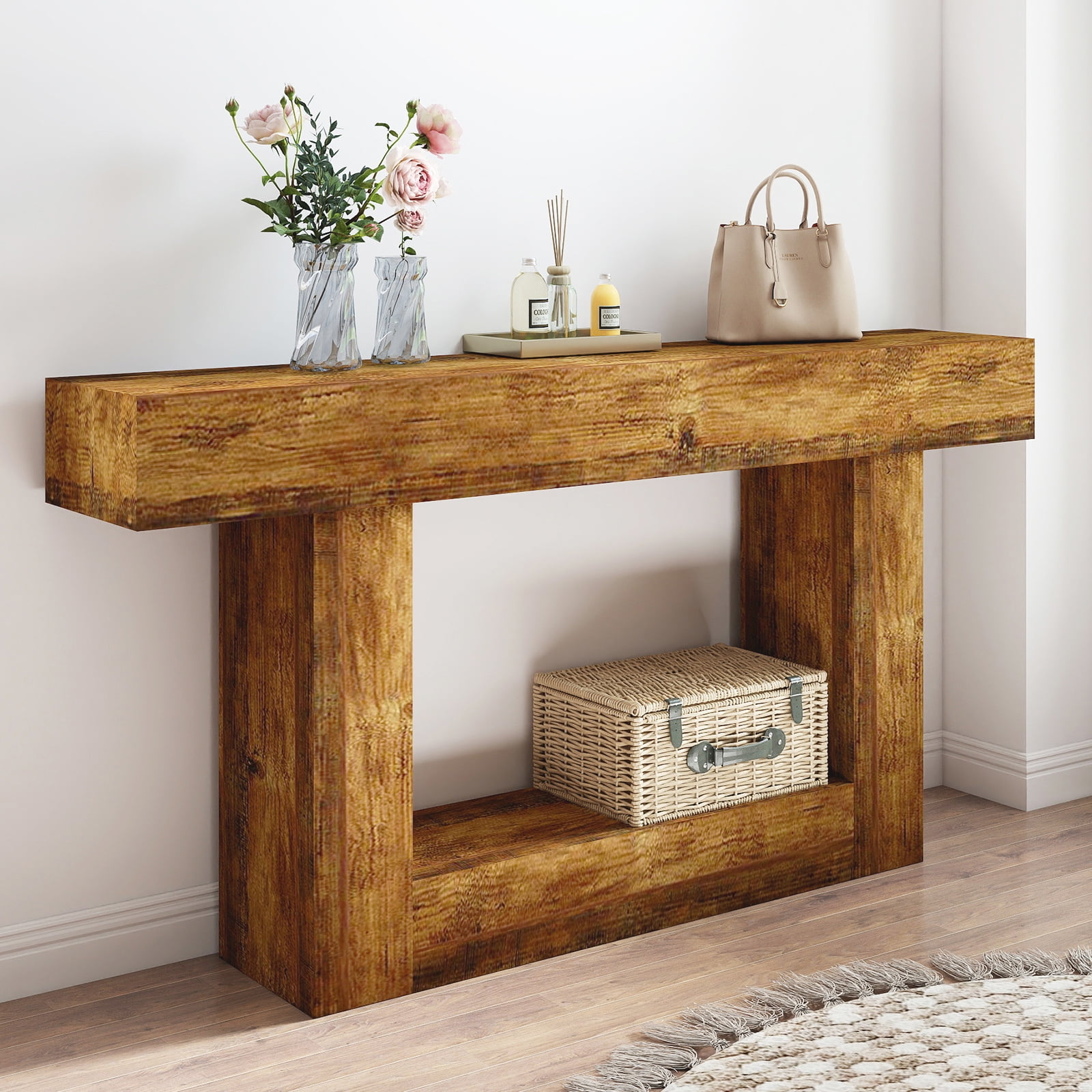 Hommoo 63" Wooden Console Table, Farmhouse 2-Tier Sofa Table, Entryway Table Hallway Table, Rustic Brown