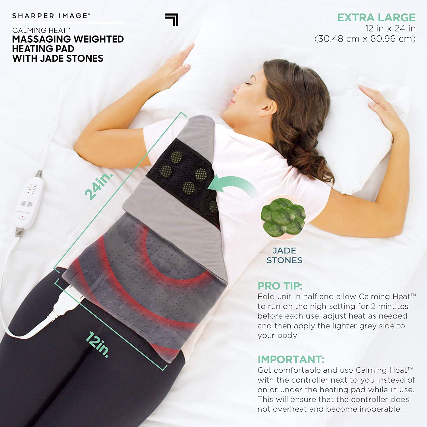 Calming Heat Jade Stone Massaging Weighted Heating Pad by Sharper Image-  Weighted Electric Heating Pad, Massaging Vibrations, 6 Settings- 3 Heat, 3  Massage- 9 Relaxing Combinations, 12” x 24”, 4 lbs - Walmart.com