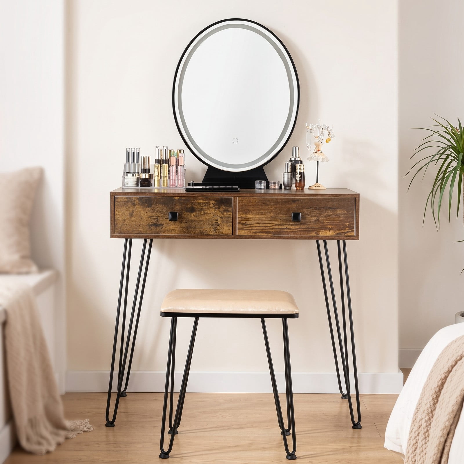 Furnibear Industrial Makeup Dressing Table with 3 Lighting Modes and Removable Mirror and Cushioned Stool for Bedroom, Rustic Brown