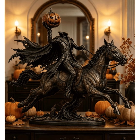 Lighted Headless Horseman Statue, Antique Black Bronze Finished Sculpture with Warm Amber Light for Halloween Seasonal Decor