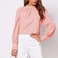 thumbnail image 2 of Camisa De Mujer Pequeño Cuello Alto Agujero Trasero Linterna Manga Larga Gasa Suelta Mujer Jersey Casual Rosa S, 2 of 6