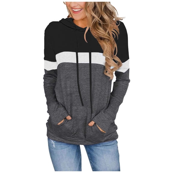 UJNDER Women's Color Block Pullover Hoodies Patchwork Design Lightweight Casual Comfort Fit Long Sleeve Black XXL
