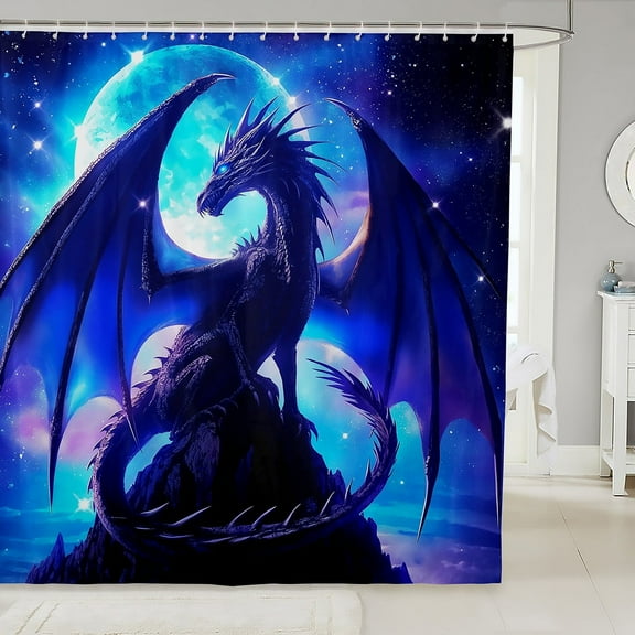 Blue Western Dragon Bathtub Curtain 72"Wx78"L,Moon Dragon Bathroom Curtain For Teen,Magical Animal Wildlife Shower Curtain Fantasy Creature Curtain Sets Waterproof