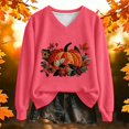 thumbnail image 2 of Womens Plus Size Halloween Sweatshirts Trendy Pumpkin Floral Printed Long Sleeve Graphic Tops Fall Loose Fit V Neck Tshirts Pullovers Pink XXL, 2 of 3