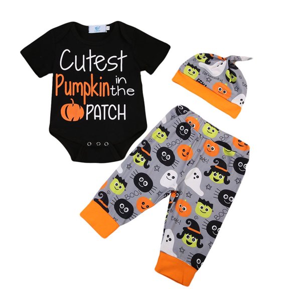 3PCS Newborn Baby Boy Girl Clothes set Autumn Pumpkin Halloween Romper Cartoon Pants Hat Outfit Set