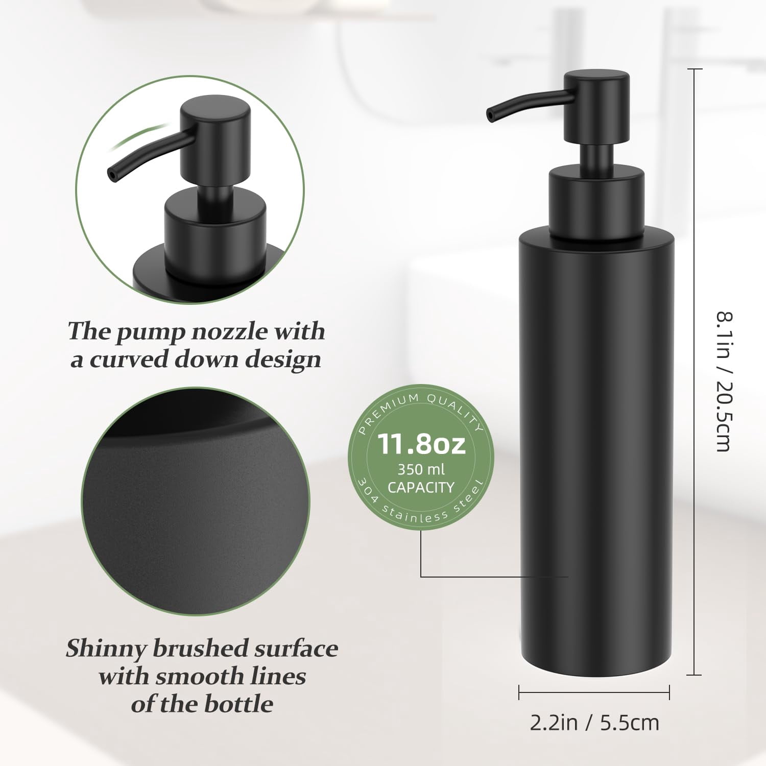 Matte Black Soap Dispenser Stainless Steel 11.8 OZ - Liquid Hand Lotion Dispenser Decor Refillable Dishwashing Soap Dispenser for Kitchen Bathroom Countertops