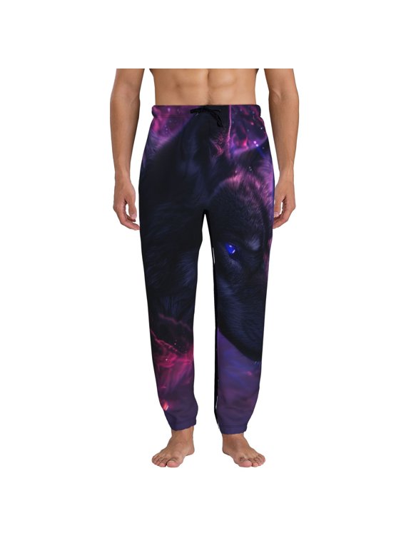Galactic Wolf Stare Print Active Tech Joggers for Men, Mens Sweatpants Lounge Pants with Pockets-Large