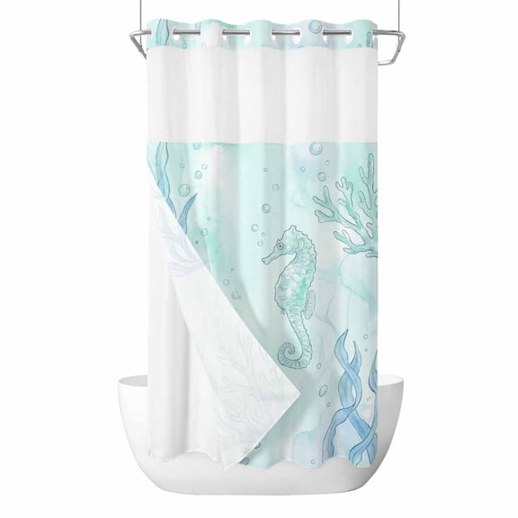 No Hook Teal Blue Seahorse Coastal Shower Curtain with Snap in Liner Set, Beach Watercolor Sea Ocean Nautical Waterproof Bathroom Curtains with See Through Top Window, Hotel Style Small 36 x 72 Inch