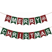 Merry Christmas Banner, Red Green Buffalo Plaid Check Holiday Garland, Rustic Snowflake and Letter Bunting, Fun Wall Mantel Hanging Christmas Decorations for Home, Office, and Xmas Party Supplies