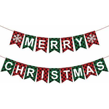 Merry Christmas Banner, Red Green Buffalo Plaid Check Holiday Garland, Rustic Snowflake and Letter Bunting, Fun Wall Mantel Hanging Christmas Decorations for Home, Office, and Xmas Party Supplies