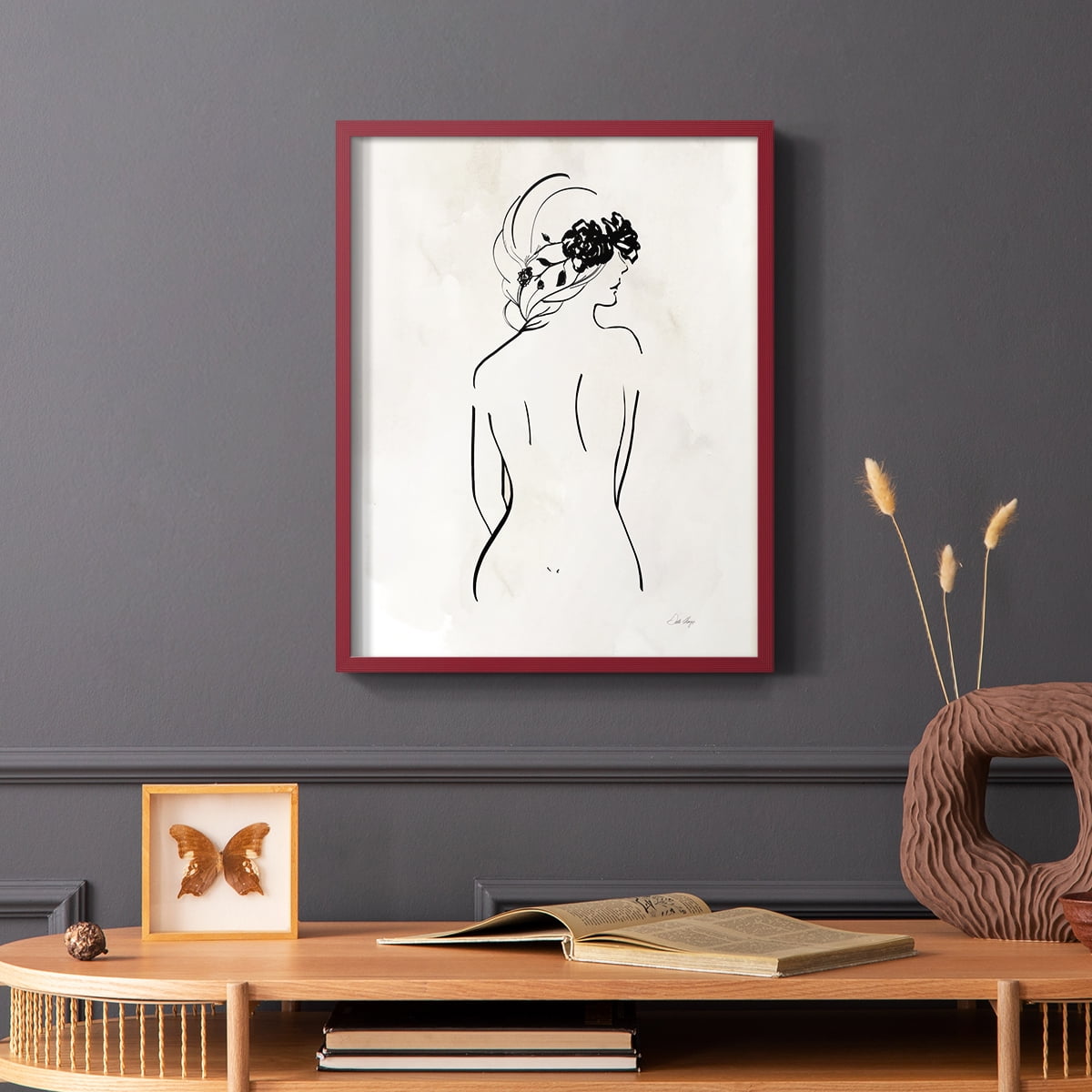 Romantic Line Art I in Red Solid Wood 11 x 14 Framed Print