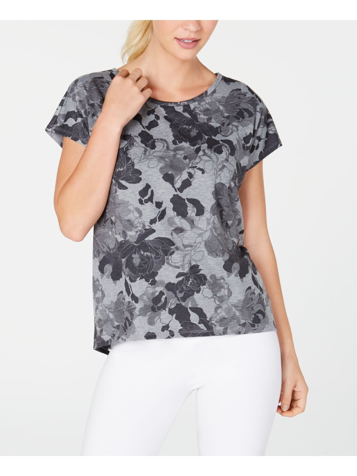 Ideology - IDEOLOGY Womens Gray Floral Short Sleeve Jewel Neck T-Shirt