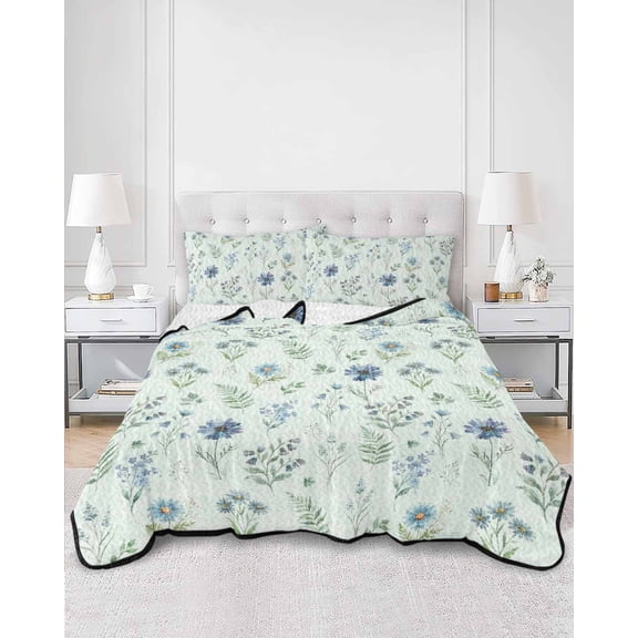 Quilts Full Size, Blue Floral Spring Soft Comforter Bedding Set for Bed, Sage Green Farmhouse Botanical Chic Lightweight Quilted Bedspread with Pillow Cover(2 Pieces) for All Season, 78x90 Inch