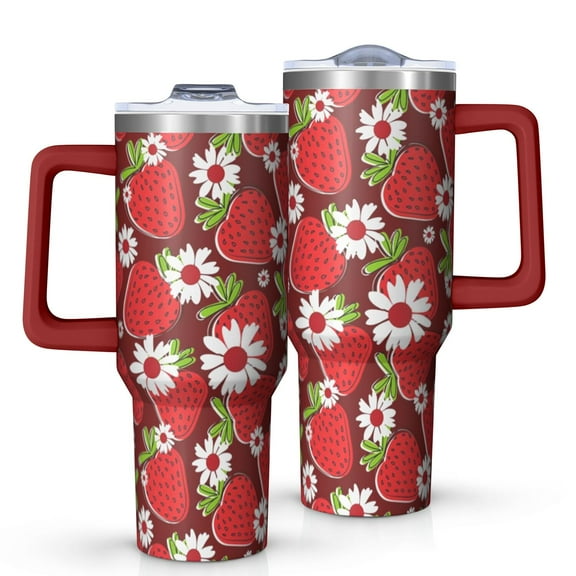 OBREWU Red Strawberry Plants Fruit Tumbler with Handle and Lid,Red Strawberry Plants Fruit 40oz Double Wall Vacuum Insulated Tumbler,Cups Gift for Women and Men