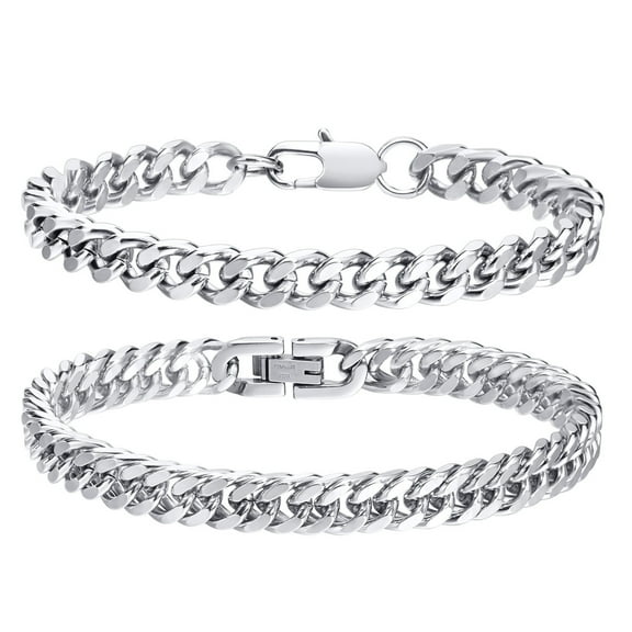 2 Pcs Cuban Chain Bracelet for Men, Sturdy Stainless Steel Curb Width Cuban Link Chain Bracelets Set, Stylish Hip Pop Hand Chains Jewelry, 7.4 Inches