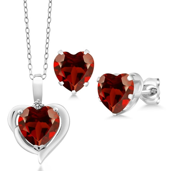 Gem Stone King 6.02 Ct Heart Shape Garnet Diamond 925 Sterling Silver Pendant and Earrings Jewelry Set