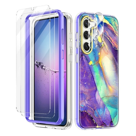 Petocase for Samsung Galaxy S23 Plus Case,[2 Tempered Glass Screen Protector   2 Camera Lens Protector ]Marble Pattern Slim Shockproof Protective Soft Cover for Women Girls ,Purple