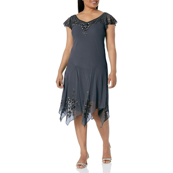 J Kara Robe Cocktail Courte à Ourlet Moulant à Manches Flottantes pour Femmes, Gris/noir/mercure, 16