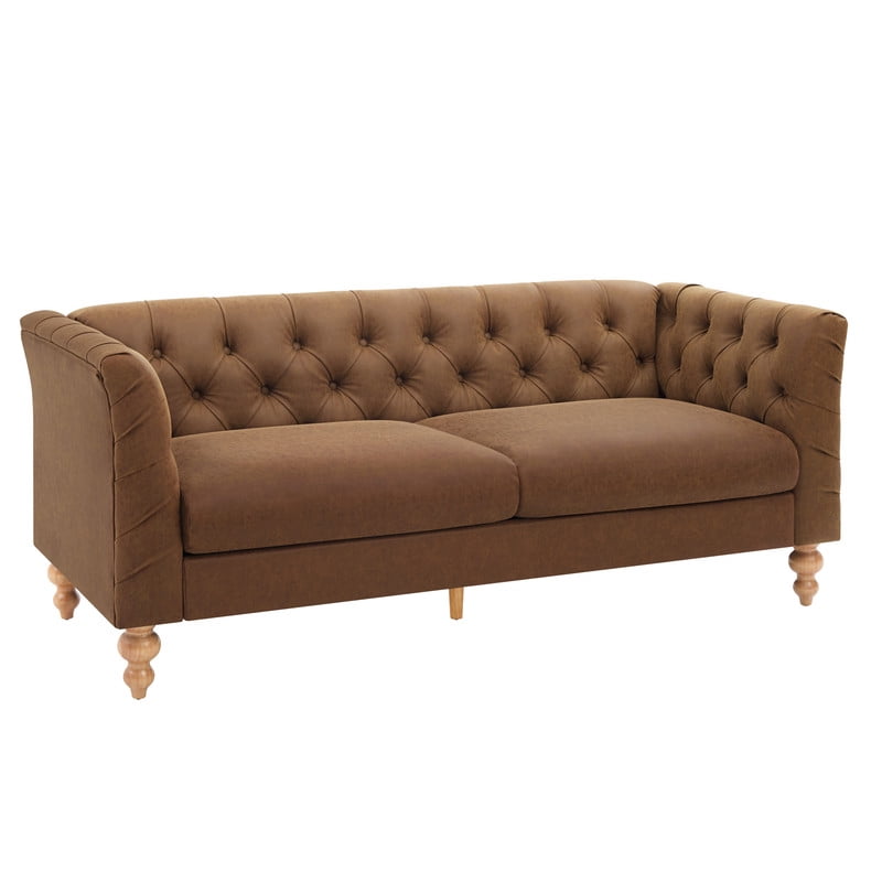 Chesterfield PU Leather 3-Seater Sofa, Upholstered Couch with Flared Arms, Tufted Back & Solid Rubber Wood Legs