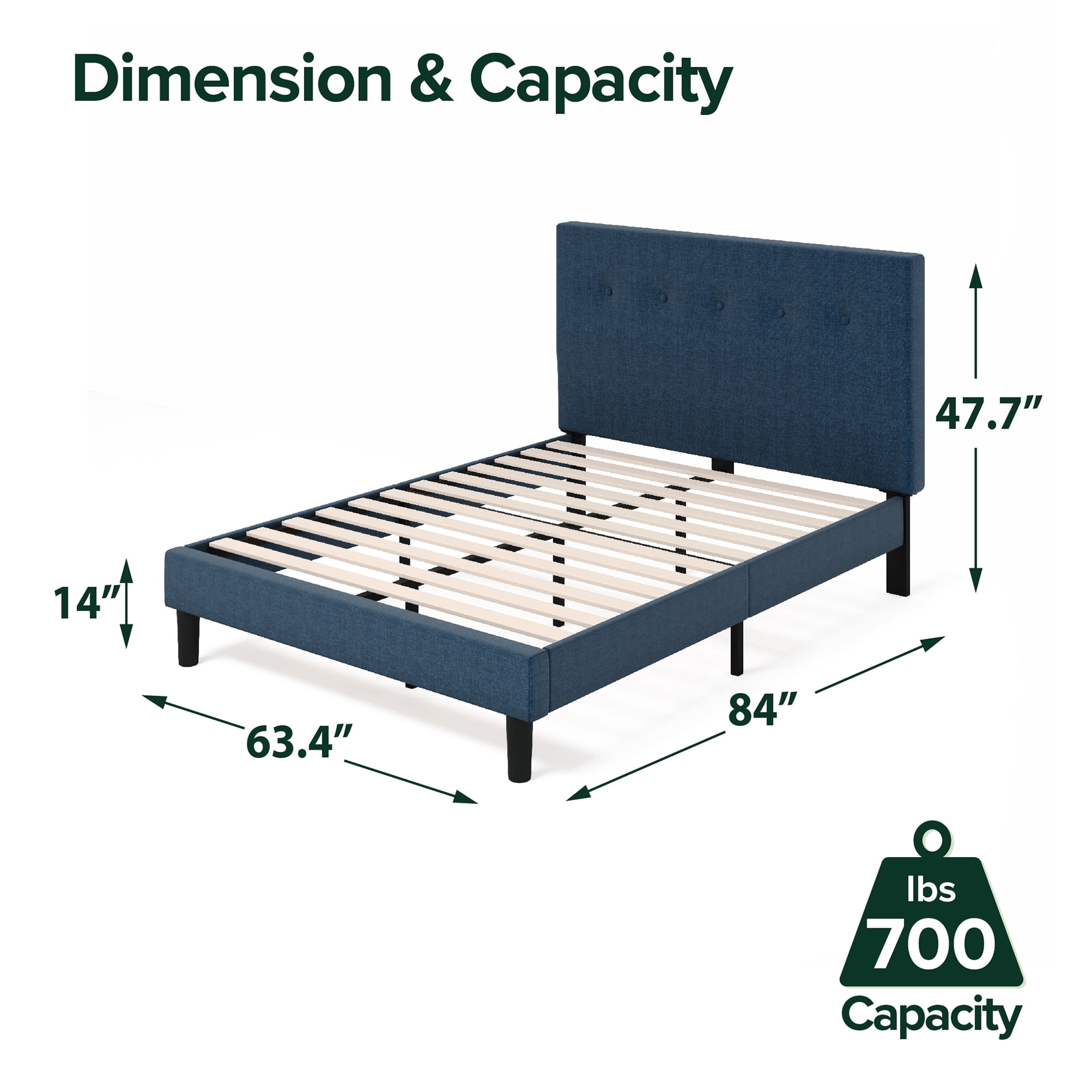 Zinus Omkaram 47" Upholstered Navy Platform Bed, Queen