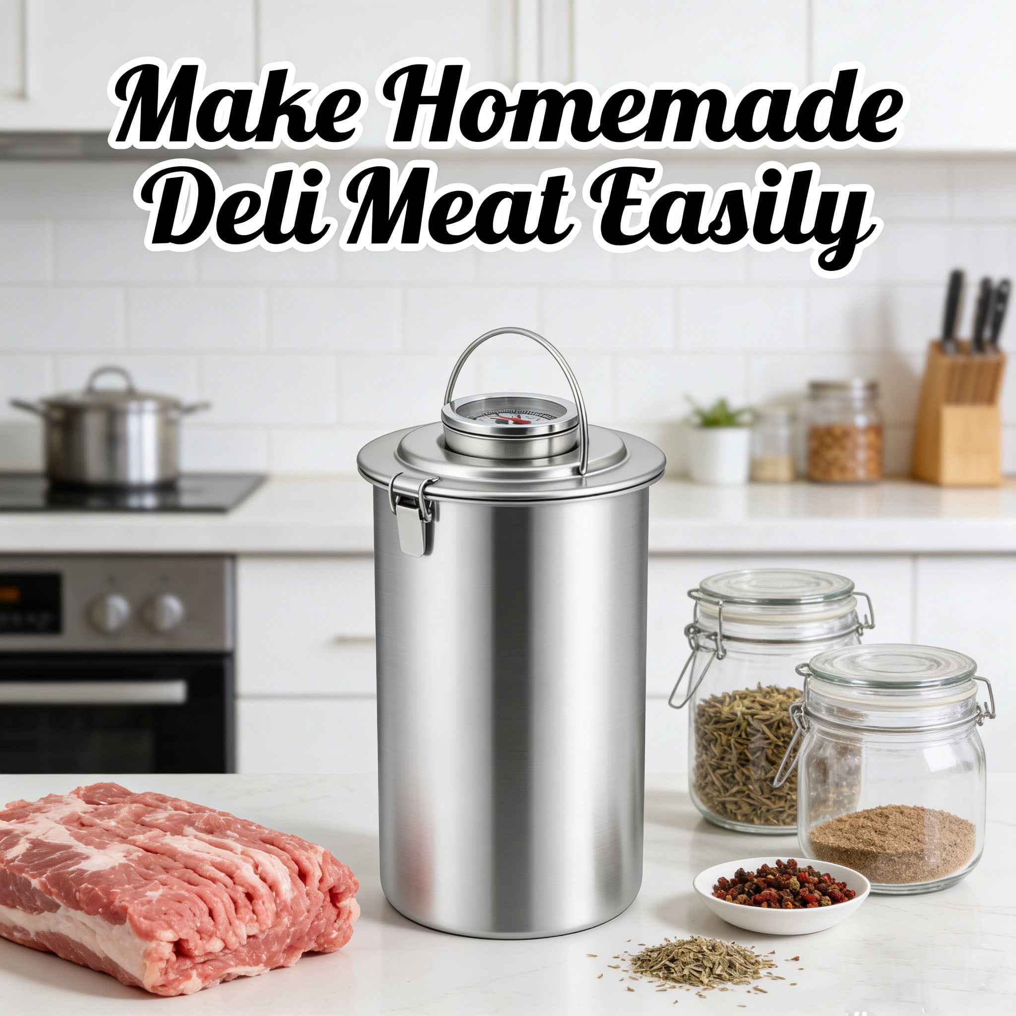 KLYZONIC Deli Meat Press, Stainless Steel Home Butcher Tool with Built-in Thermometer for Ham, Sandwiches, Roasts, Roulades